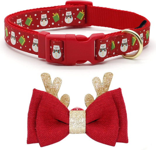 Azuza Christmas Dog Collar Adjustable Xmas Dog Collar with Christmas Antler Bow Tie Accessories Snowman Dog Collar for Medium Dogs