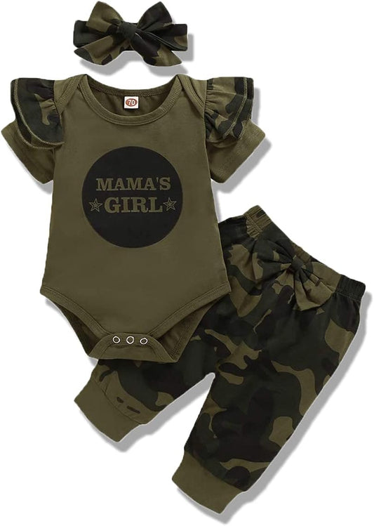 3PCS Newborn Baby Girls Clothes Infant Outfit,Romper Bodysuit Short Sleeve Tops Ruffled Jumpsuit + Camouflage Pants+Headband Casual Set(Army Green6,3-6M)